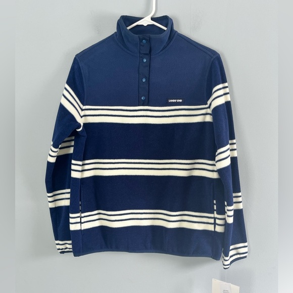 Land’s End Heritage Fleece Snap Neck Pullover Sz S Navy/Ivory Striped. NWT - Picture 2 of 13
